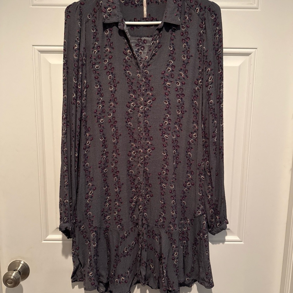 Free People Slubby Shirt Dress Women's Size Small Floral Viscose Rayon
